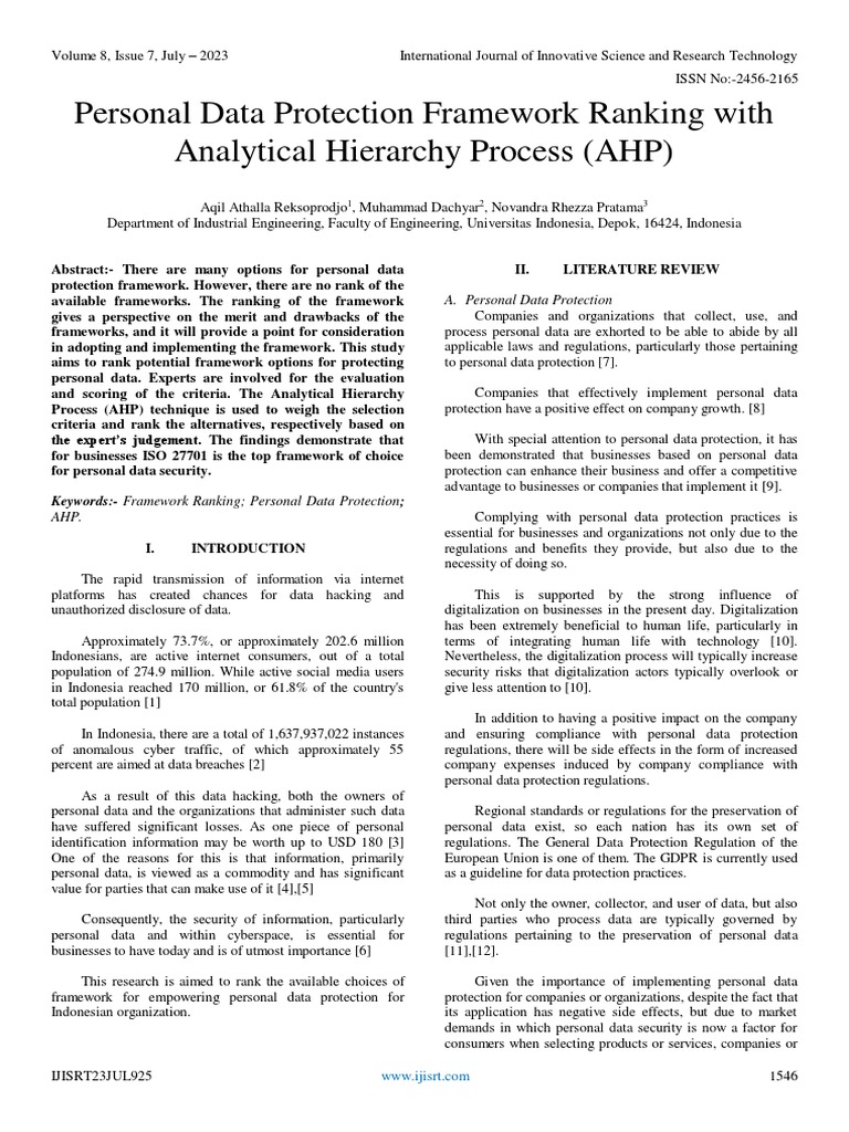 Personal Data Protection Framework Ranking With Analytical Hierarchy ...