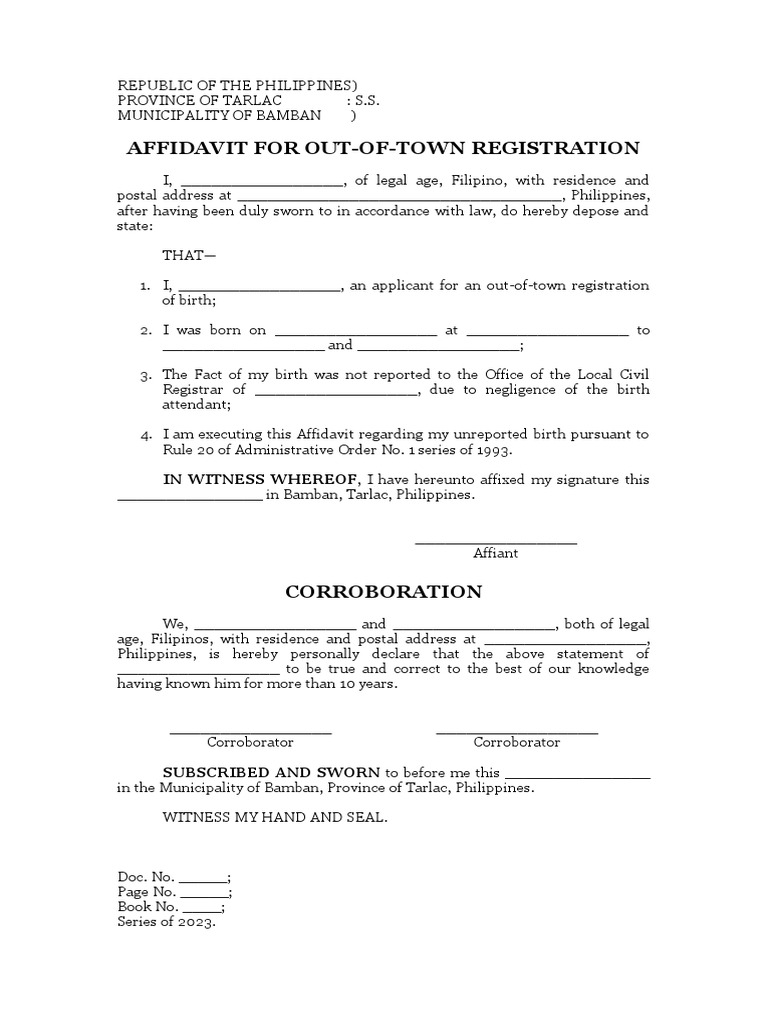 AFFIDAVIT OF OUT OF TOWN REGISTRATION PDF
