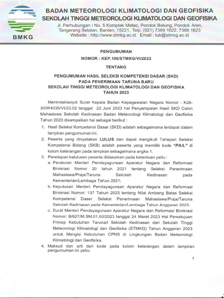 Pengumuman hasil skd ptb stmkg tahun 2023 pdf