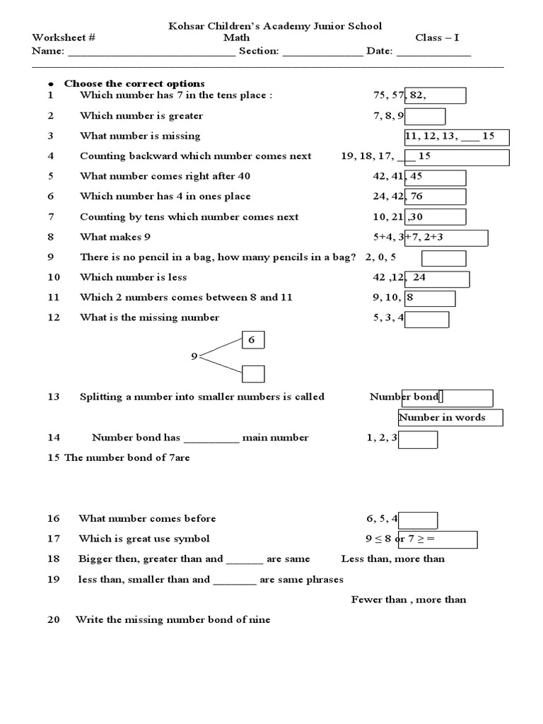 Class 1 Math Work Sheet | PDF