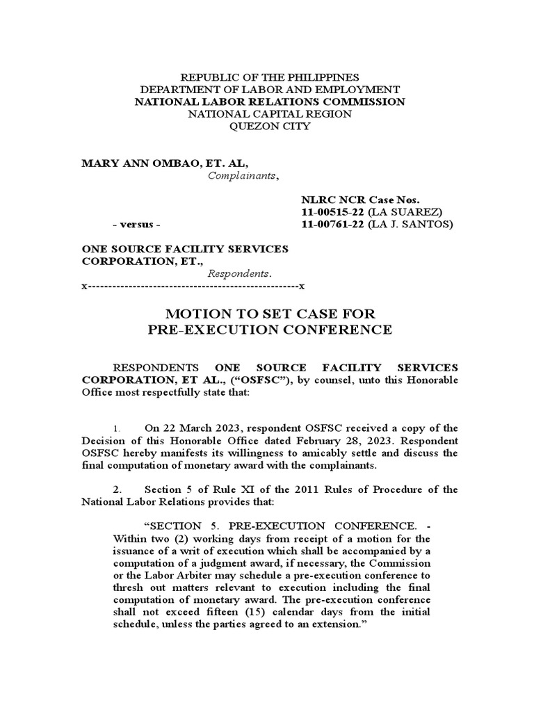 motion to set case of preexecution conference PDF