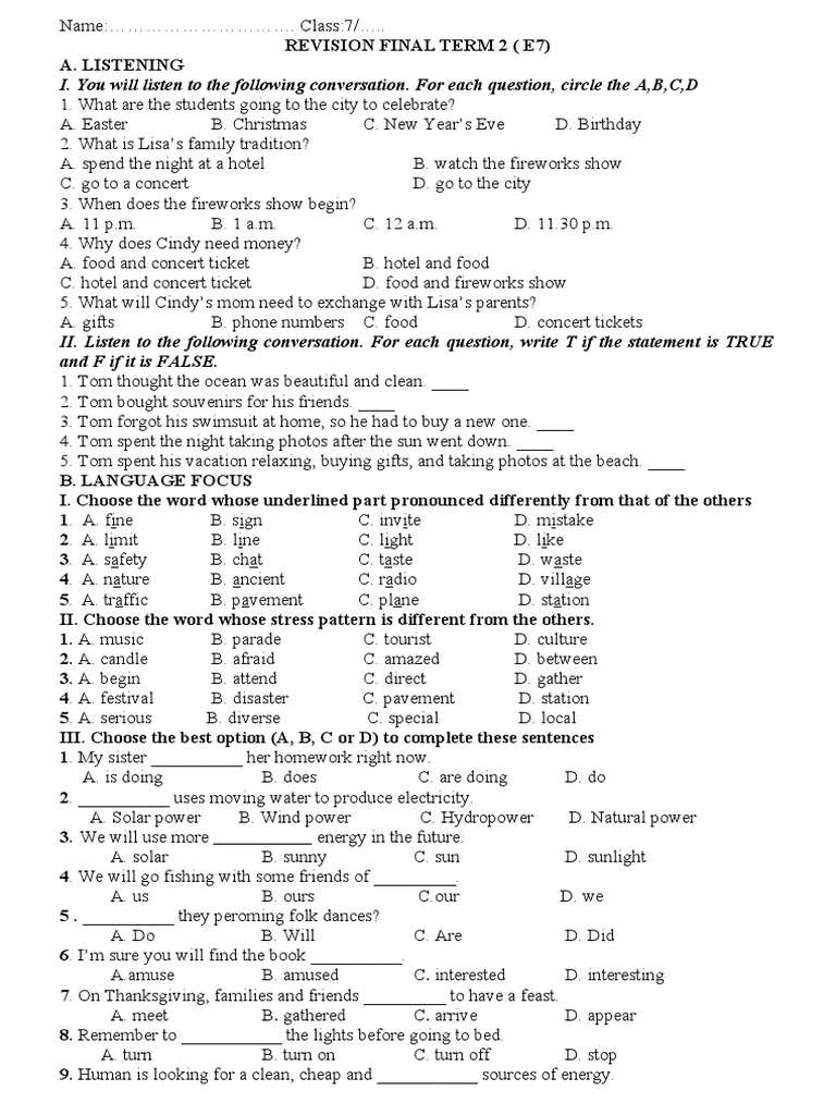 Grade 7 Term 2 English Test Revision | PDF | Easter | Nuclear Power