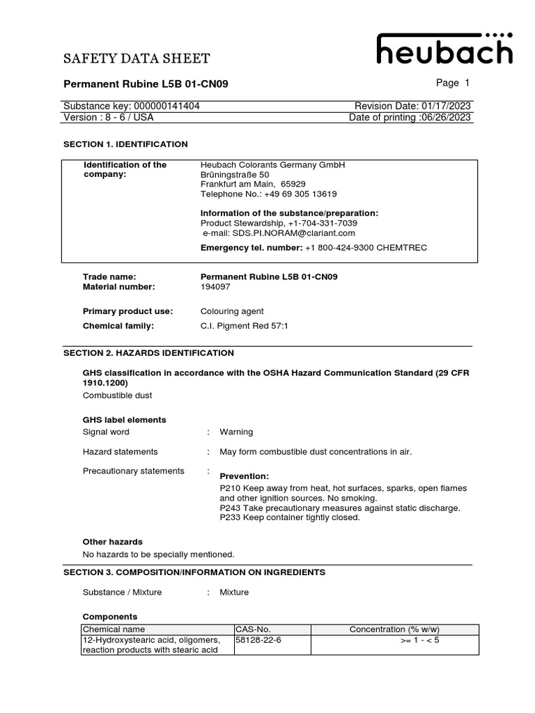 Clariant SDS Permanent Rubine L5B 01 USA English PDF