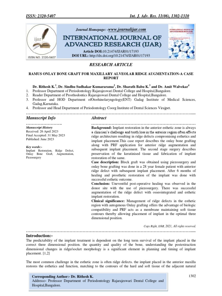 Ramus Onlay Bone Graft For Maxillary Alveolar Ridge Augmentation-A Case ...