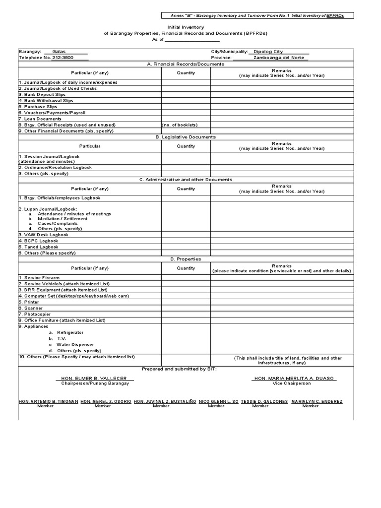 Annex B - Barangay Inventory and Turnover Form No. 1 Initial Inventory ...