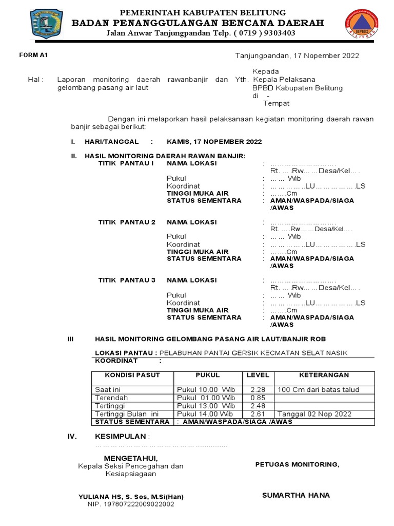 FORM A1. LAPORAN HARIAN MONITORING AREA RAWAN BANJIR - Copy | PDF