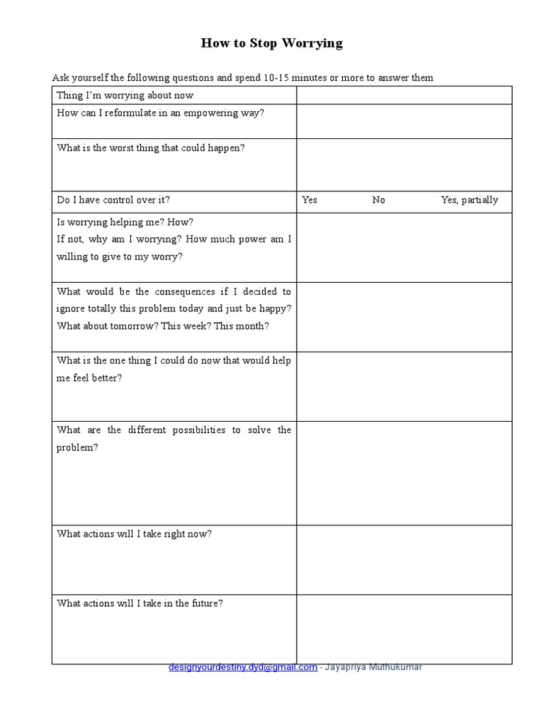 How to stop worrying worksheet pdf