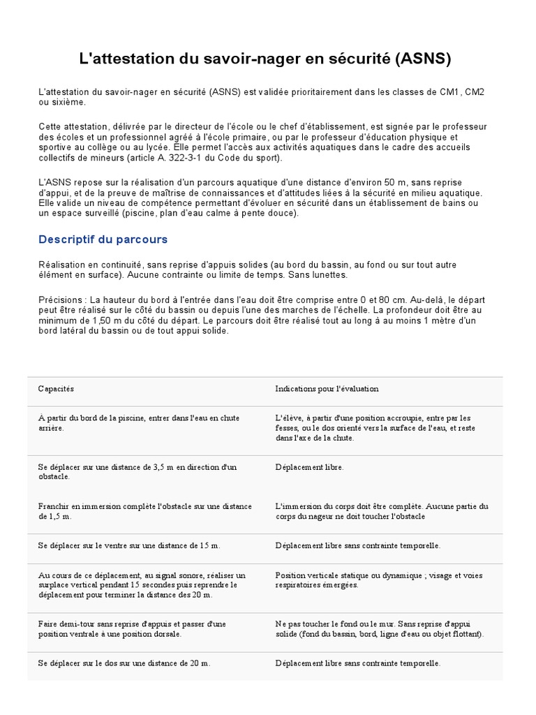 Parcours de l'ASNS en sécurité aquatique | PDF | Bien-être