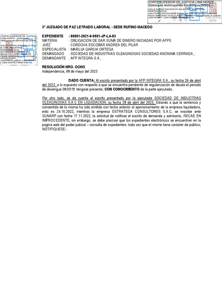 Resolución Judicial AFP vs. Oleaginosas S.A.C. | PDF