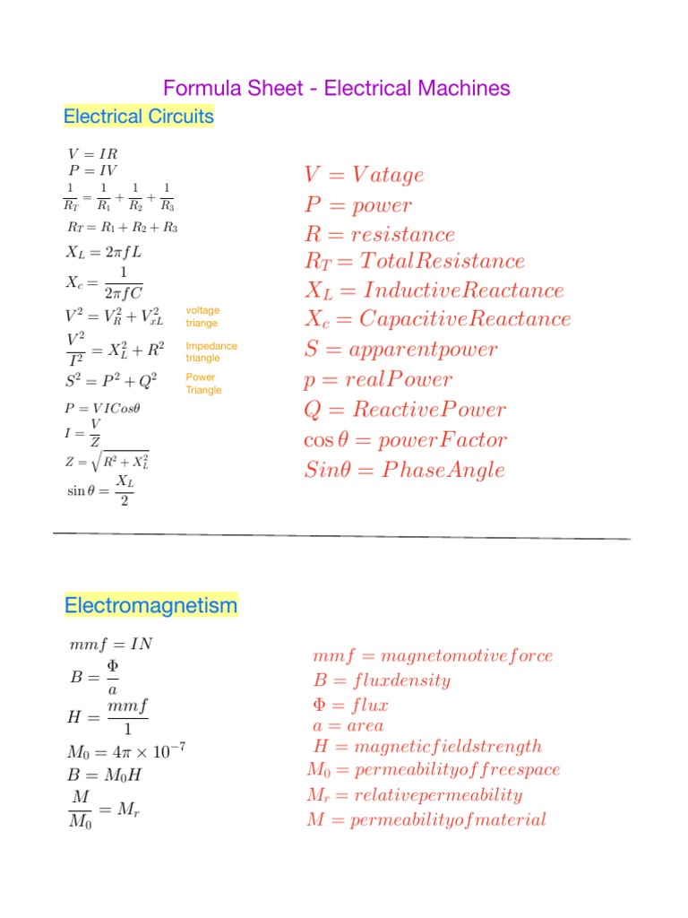 Formula Sheet Electrical Machines PDF Inductance Electronic