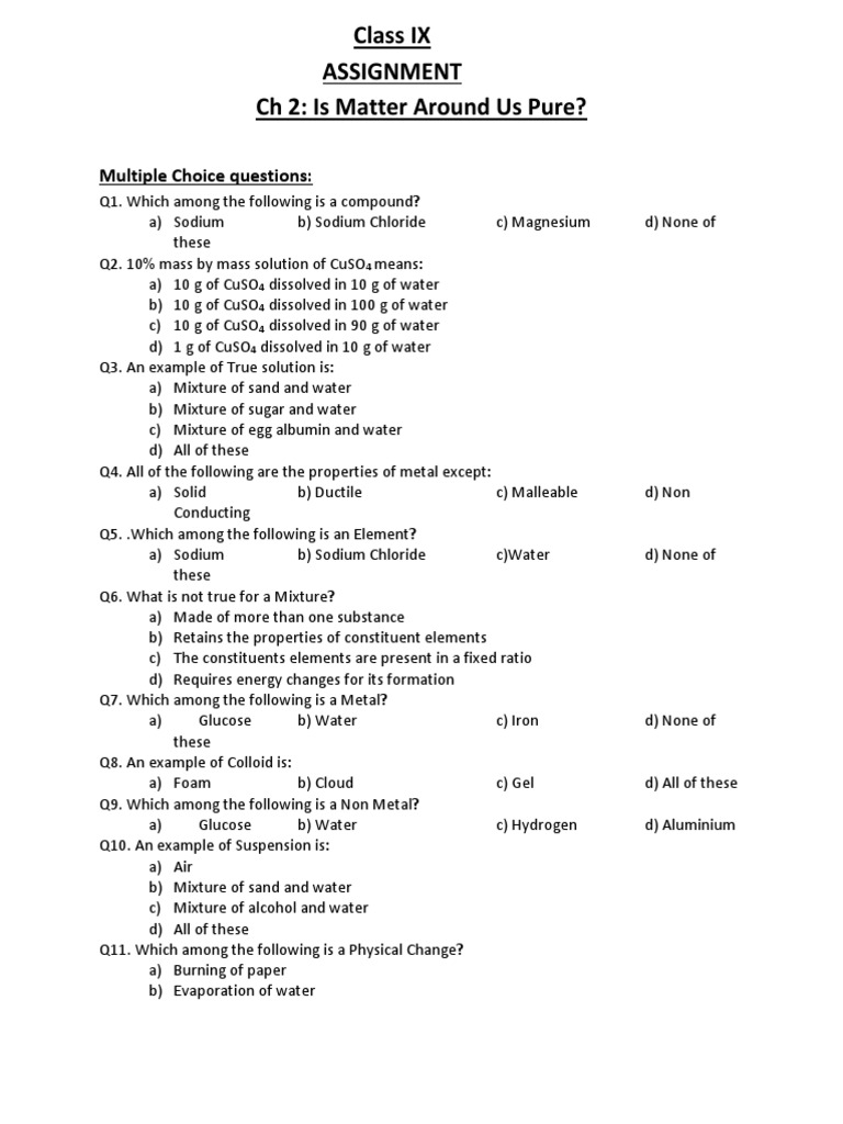 1assignment 27-37-2018chem. Class - IX (Ch2) | PDF | Science & Mathematics
