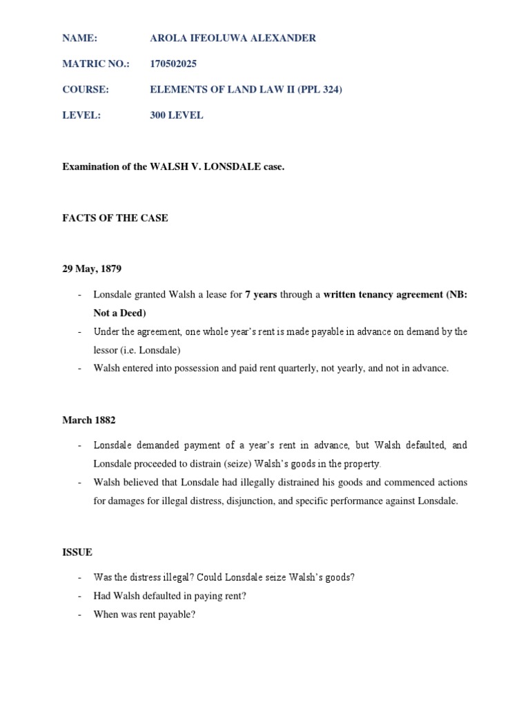 Law Assignment Walsh V. Lonsdale PDF