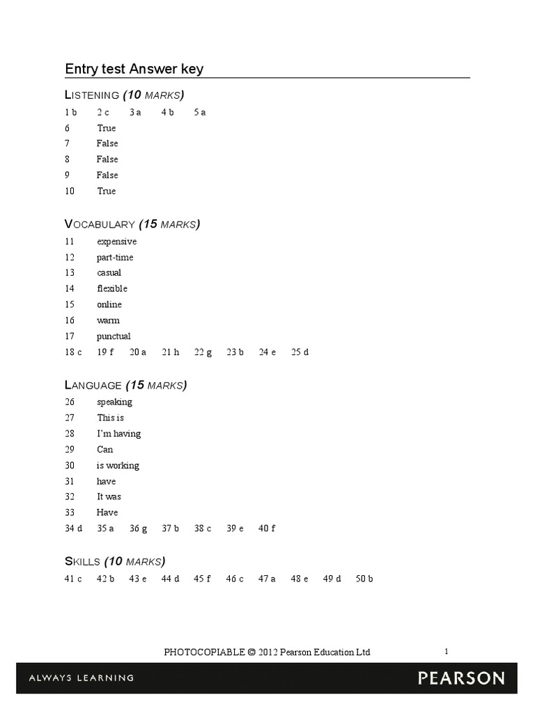Entry Test Answer Key | PDF | Teaching Methods & Materials