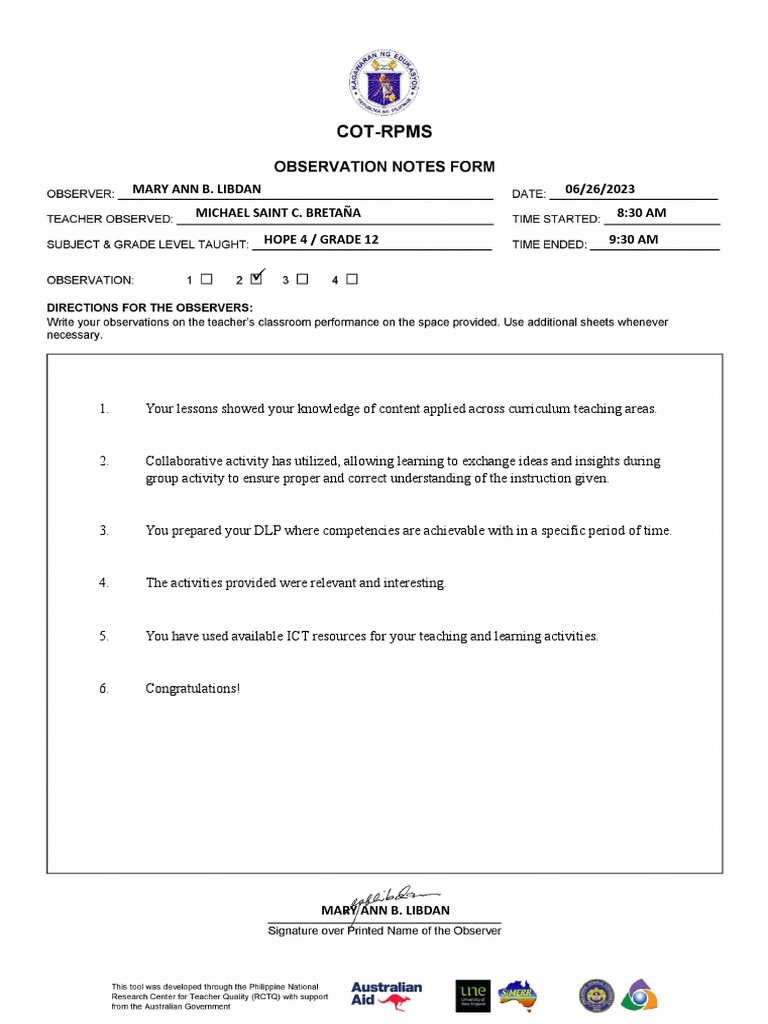 Cot rpms observation notes form 2023 pdf
