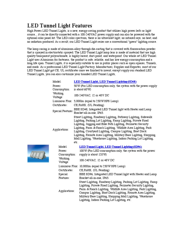 High Power LED Tunnel Light Features | PDF