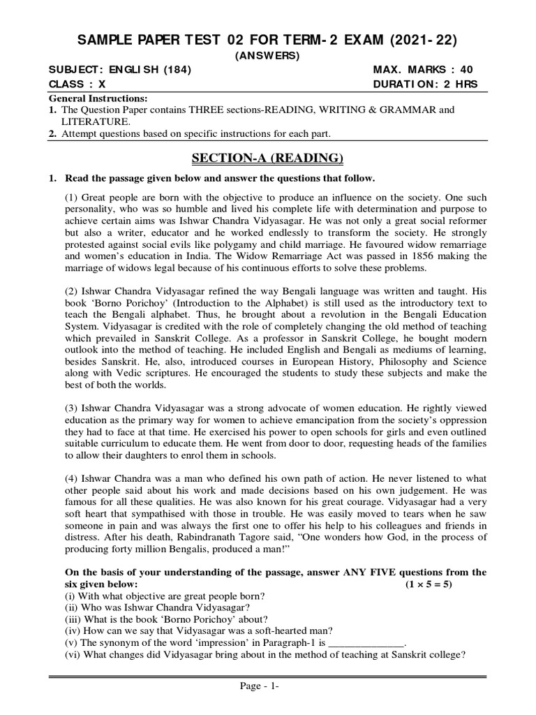 English Class X Term 2 Sample Paper Test 02 2021 22 Answers 1 PDF