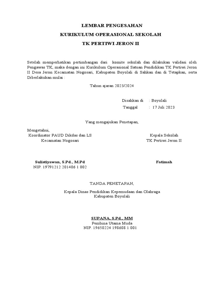 Lembar Pengesahan Kurikulum PAUD 2023 | PDF