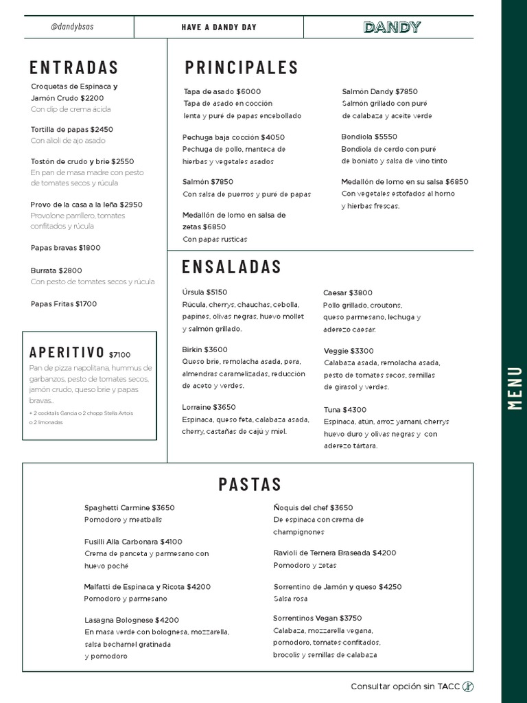Menú Variado de Dandy: Platos y Bebidas | PDF