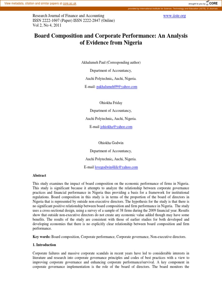 Board Composition and Corporate Performance: An Analysis of Evidence ...