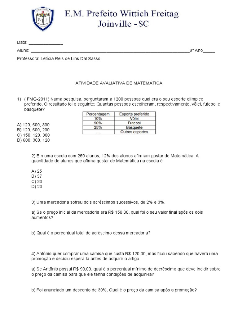 Atividade Avaliativa de Matemática 8º Ano | PDF | Carreira e ...