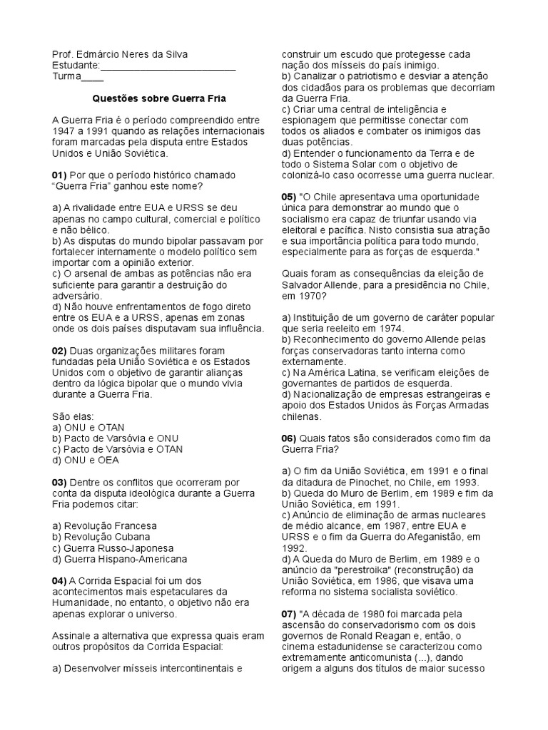 Questões sobre Guerra Fria | PDF | Guerra Fria | União Soviética