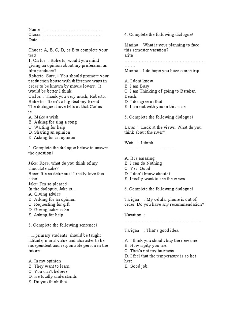 Soal Asking And Giving Opinion Pdf