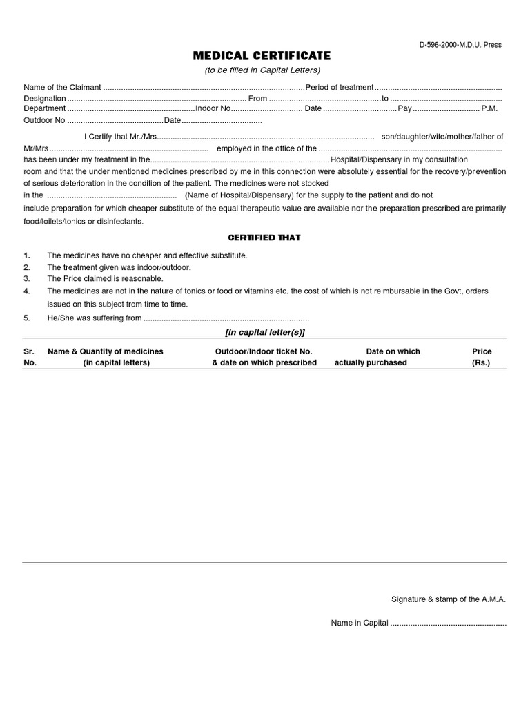 ESIC Medical Reimbursement Claim Form | PDF | Medical Prescription ...