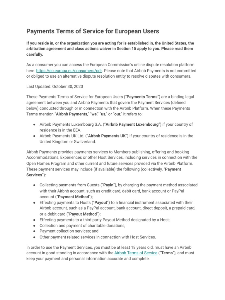 Airbnb Europe Payment Terms | PDF | Arbitration | Legal Liability