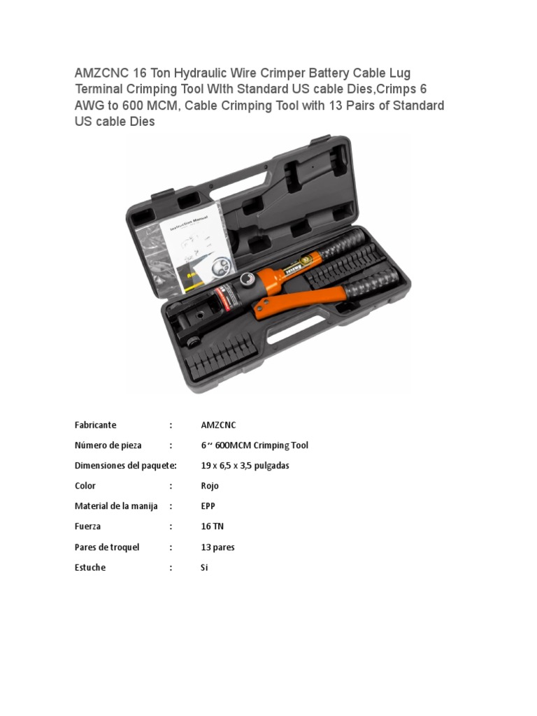 Hydraulic Lug Terminal Crimping Tool 12 Ton Wire Crimper Battery Cable Lug Terminal