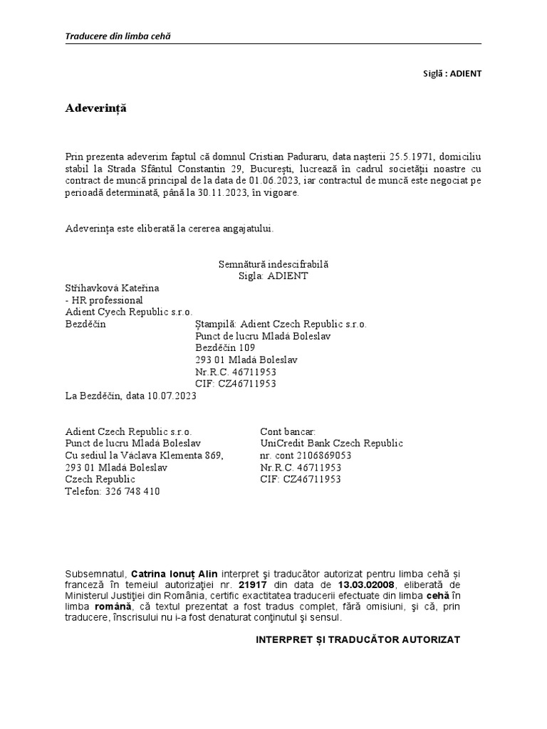 Adeverinta de Angajat Adient | PDF