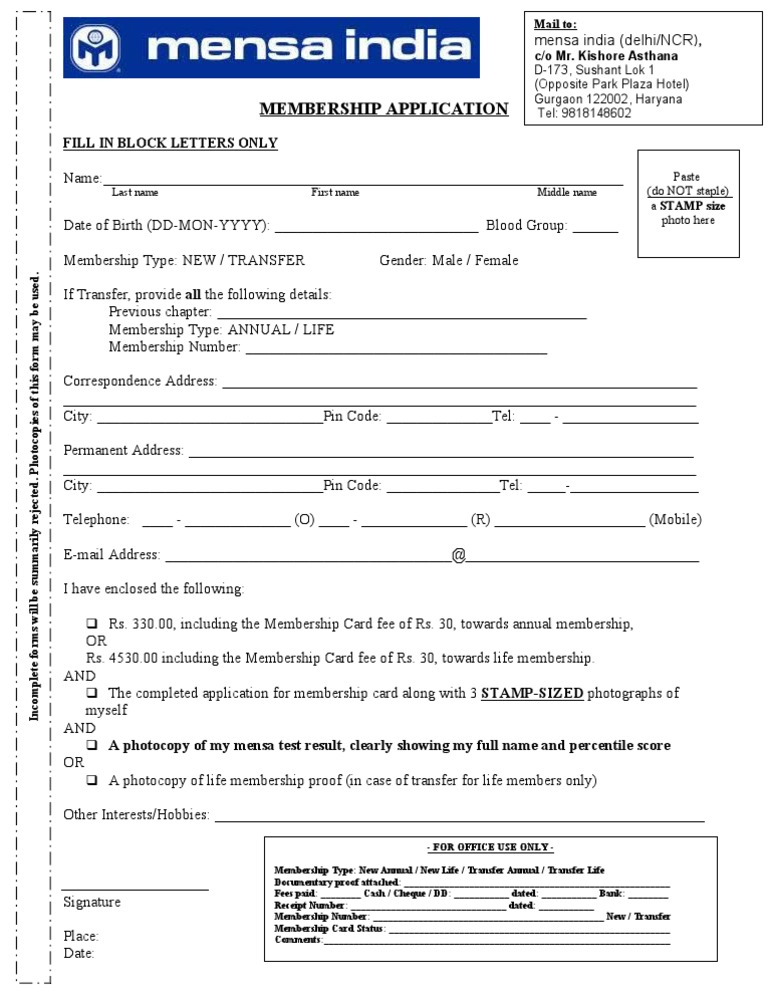 Mensa India Membership Application Form | PDF