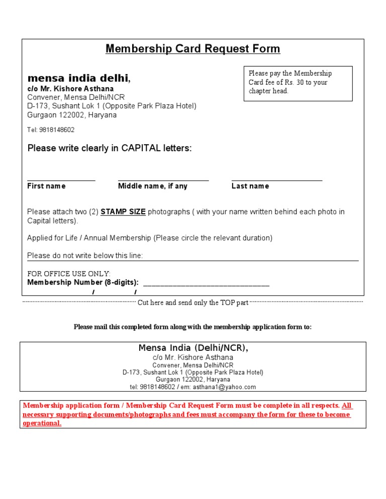 Mensa India Delhi Membership Form | PDF