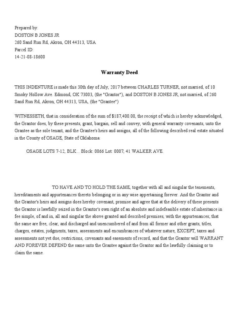 Warranty Deed OK PDF Deed Covenant (Law)