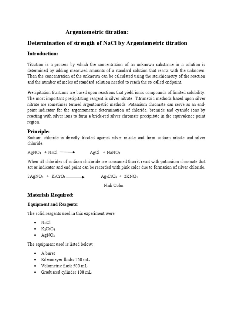 Argentometric Titration of NaCl | PDF | Titration | Chemistry