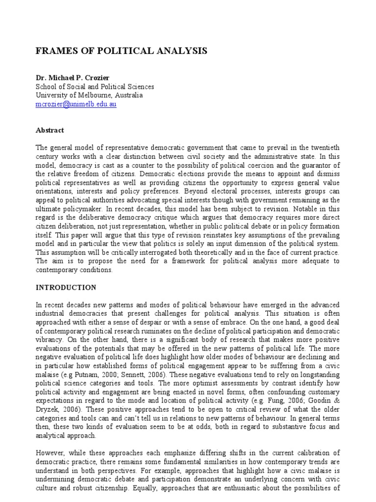 Frames of Political Analysis PDF System Democracy