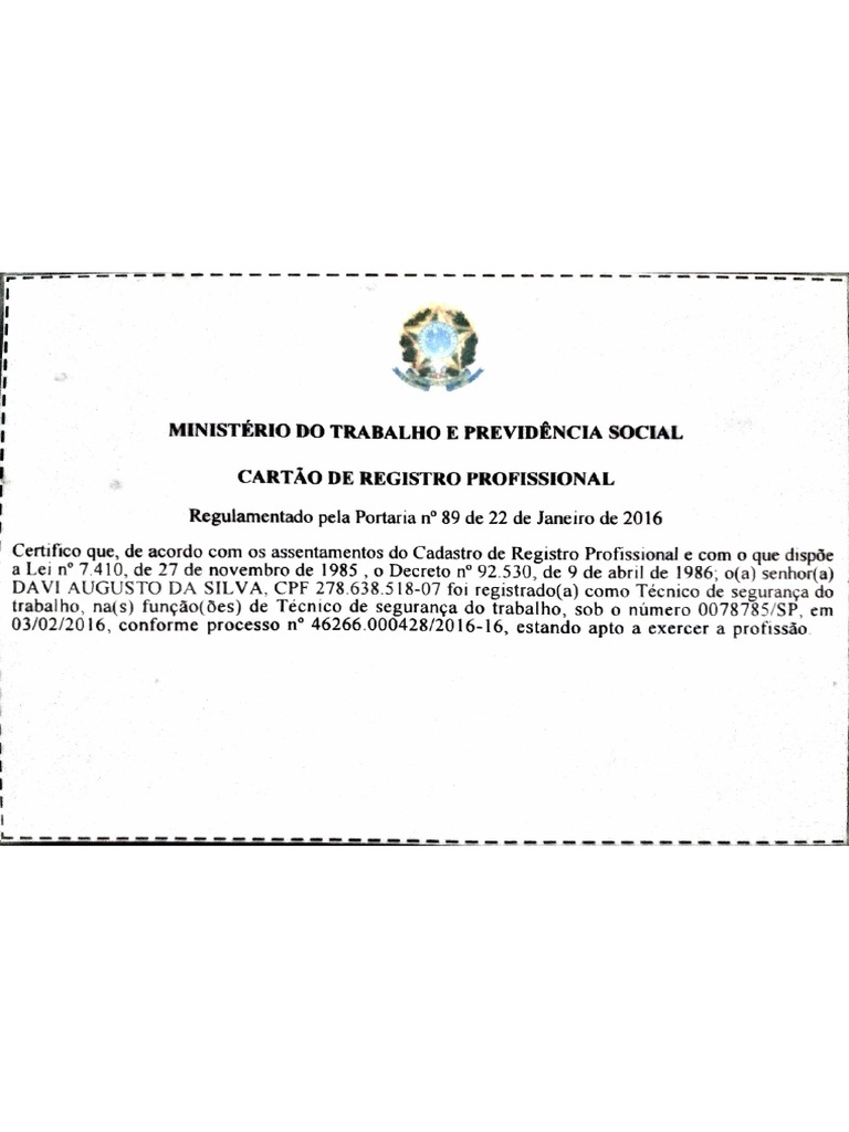 Cartão de Registro Profissional | PDF