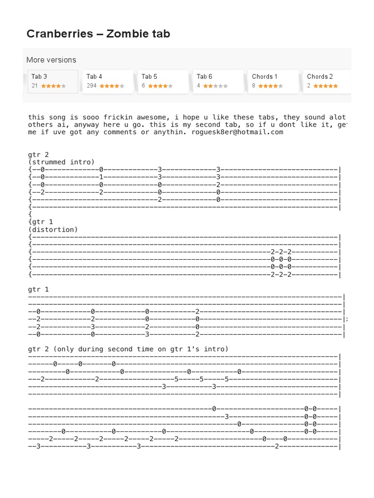 Zombie Tab Ver. 3 With For Guitar at Guitaretab | PDF