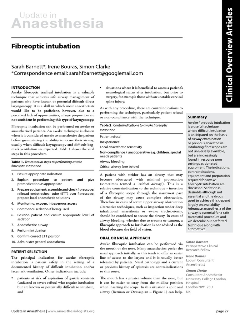 Awake Fibreoptic Intubation Guide | PDF