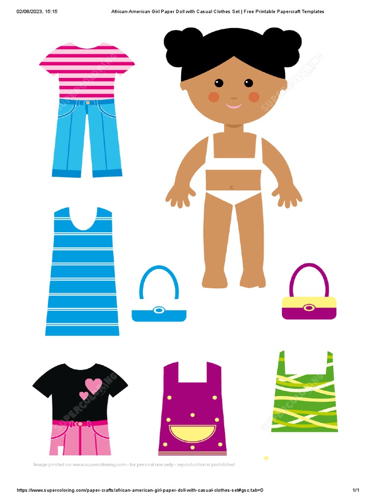 african-american girl paper doll with casual clothes set - free