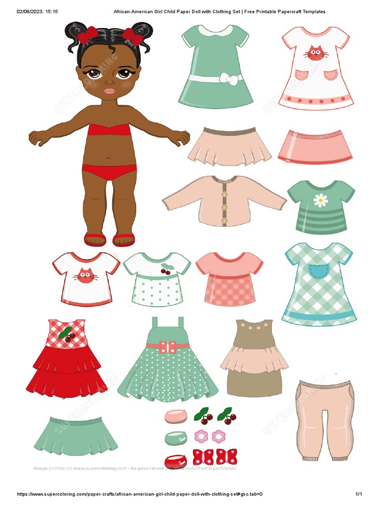 African-American Girl Child Paper Doll With Clothing Set - Free Printable Papercraft Templates | PDF for Paper Doll Printable Template Free