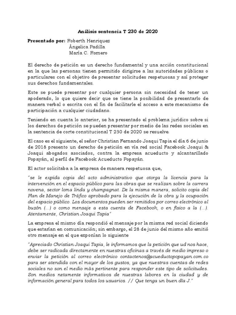 Análisis Sentencia T 230 de 2020 Administrativo Colombiano | PDF