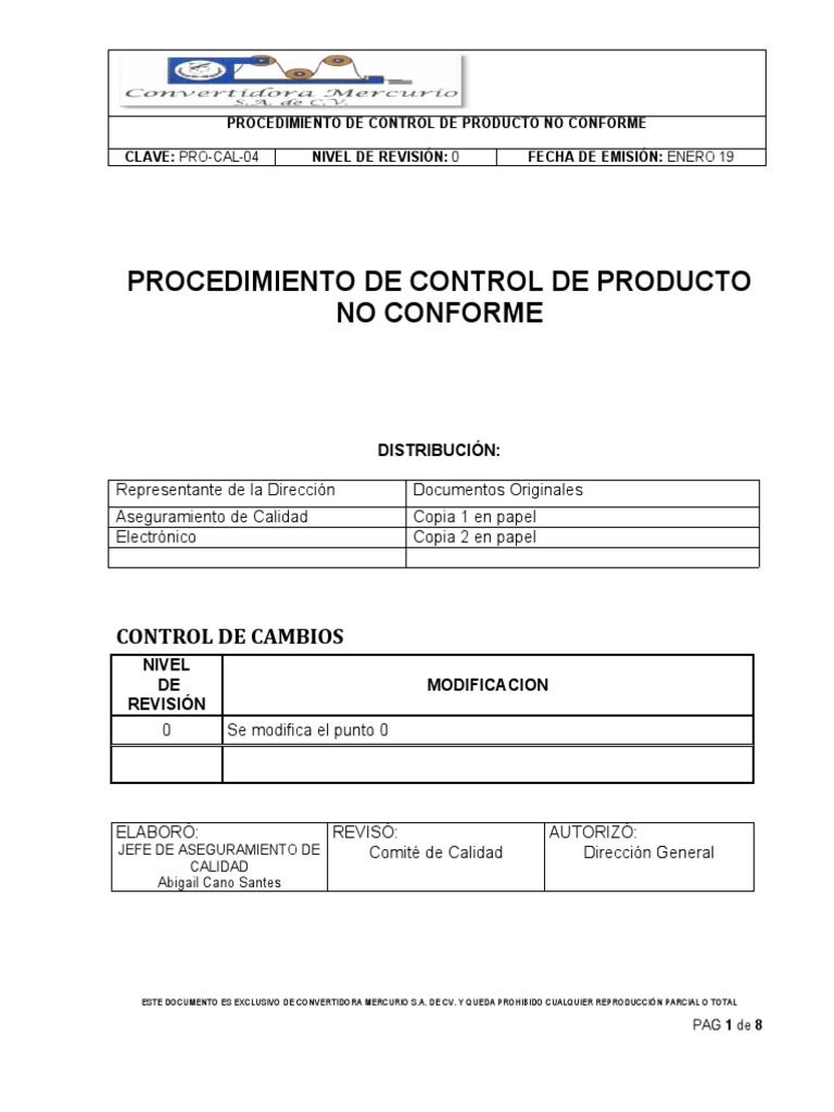 Procedimiento de Control de Producto No Conforme | PDF | Finanzas y ...
