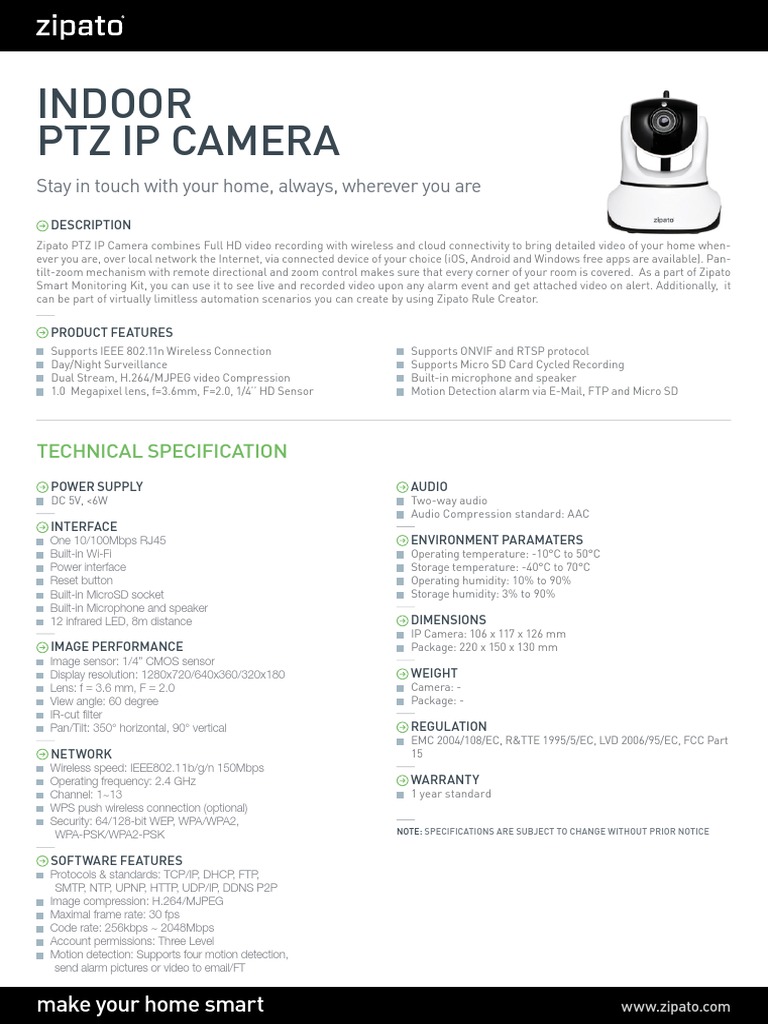 Sme NCM631GB Zipato Indoor PTZ IP Camera Data Sheet PDF Computing