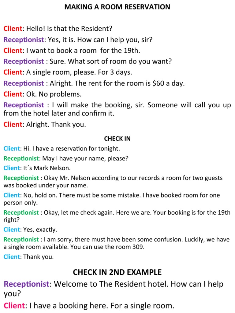 making a hotel reservation in english