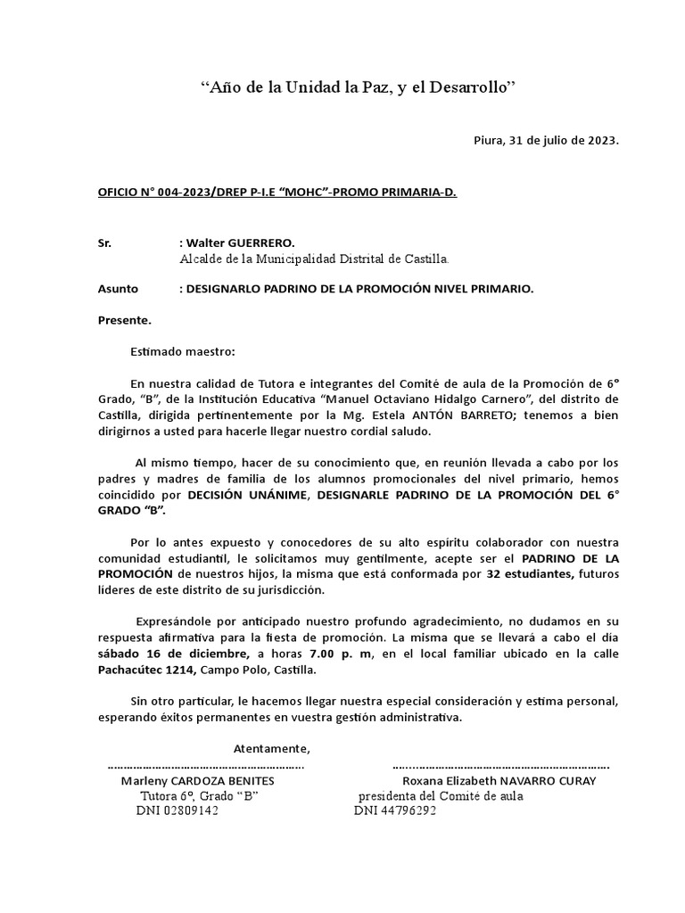 Padrino de Promoción 6° Grado 
