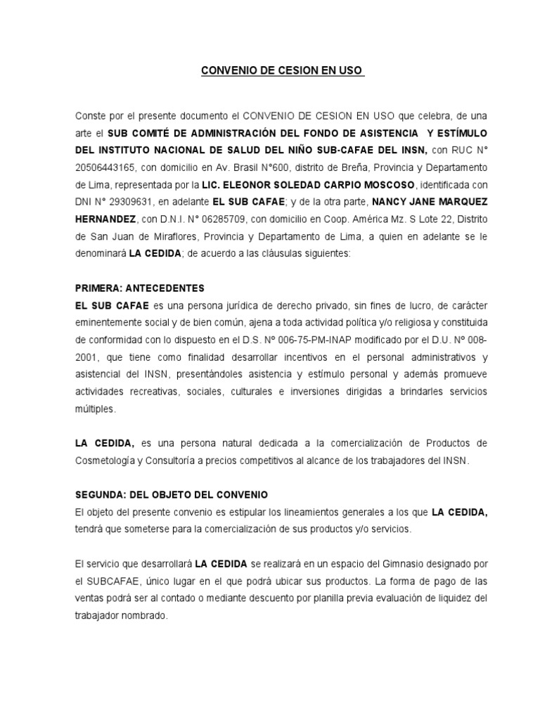Convenio De Cesion En Uso Sra Nancy Pdf