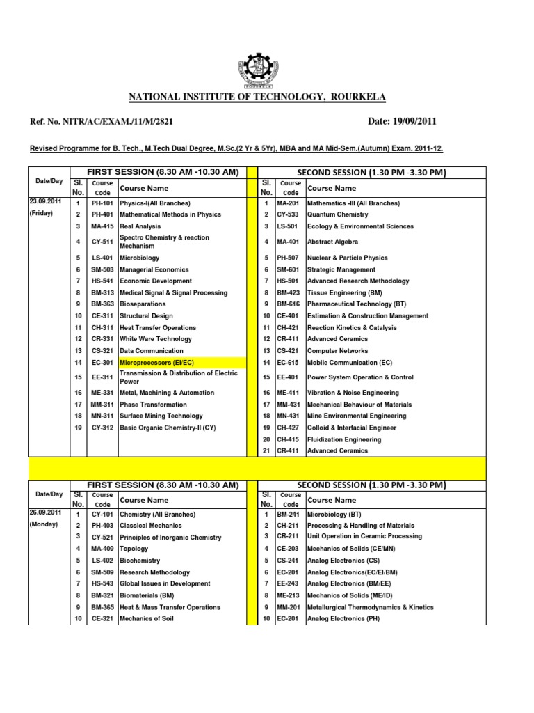 Time Table Mid Sem 5th Sem | PDF | Engineering | Solid
