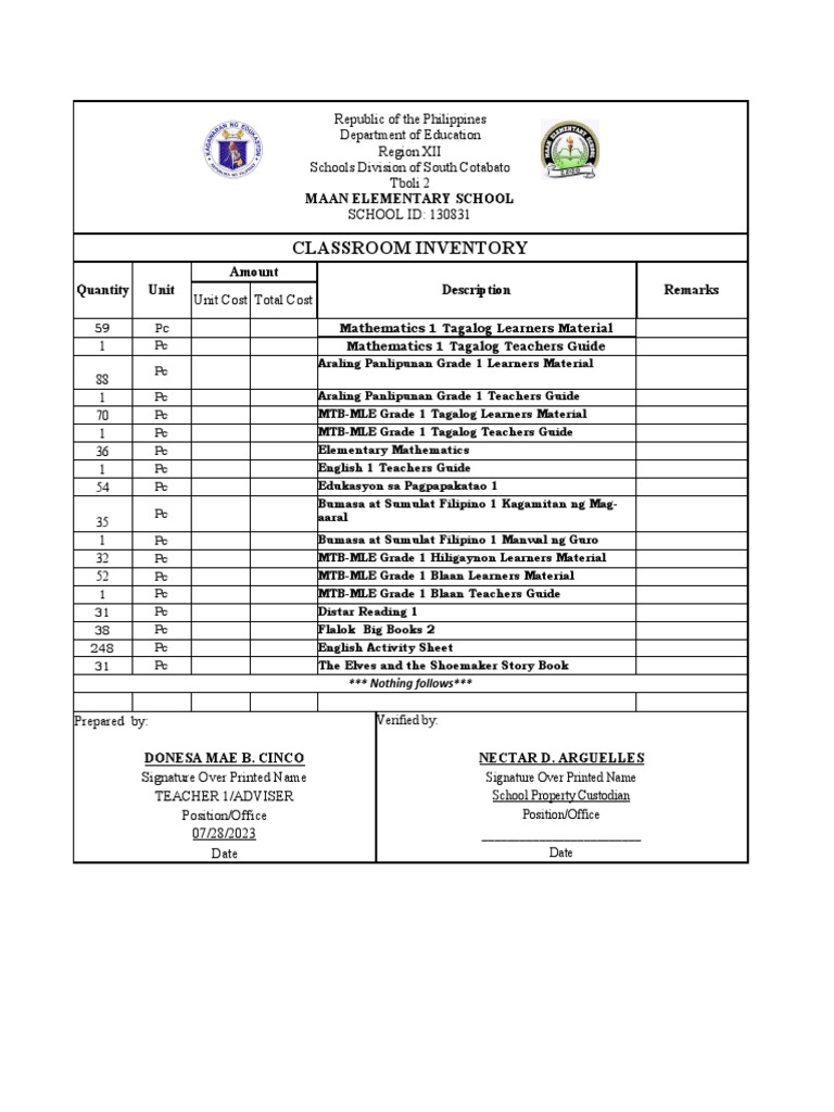 Classroom Inventory Template PDF