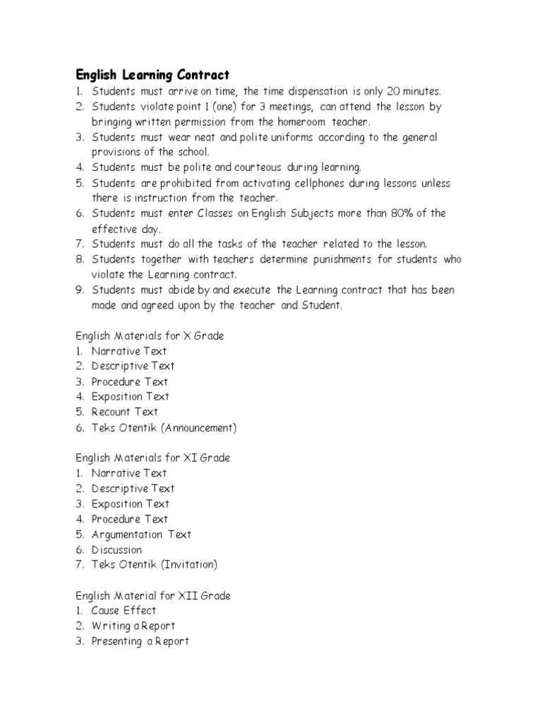 English Learning Contract and Materials | PDF | English Language ...