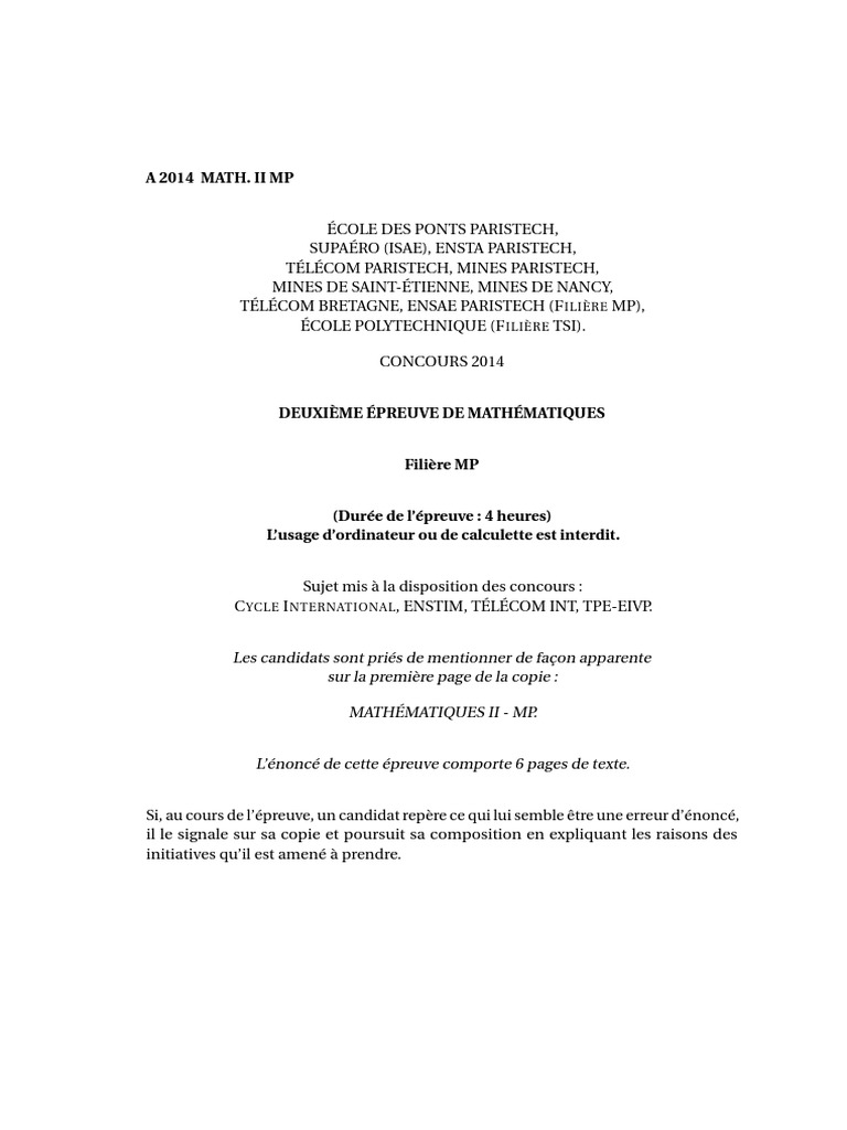 Concours Maths II MP 2014 | PDF | Limite (mathématiques) | Analyse ...
